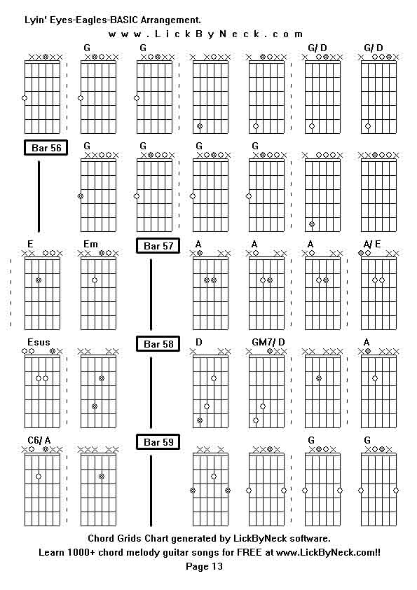 Chord Grids Chart of chord melody fingerstyle guitar song-Lyin' Eyes-Eagles-BASIC Arrangement,generated by LickByNeck software.